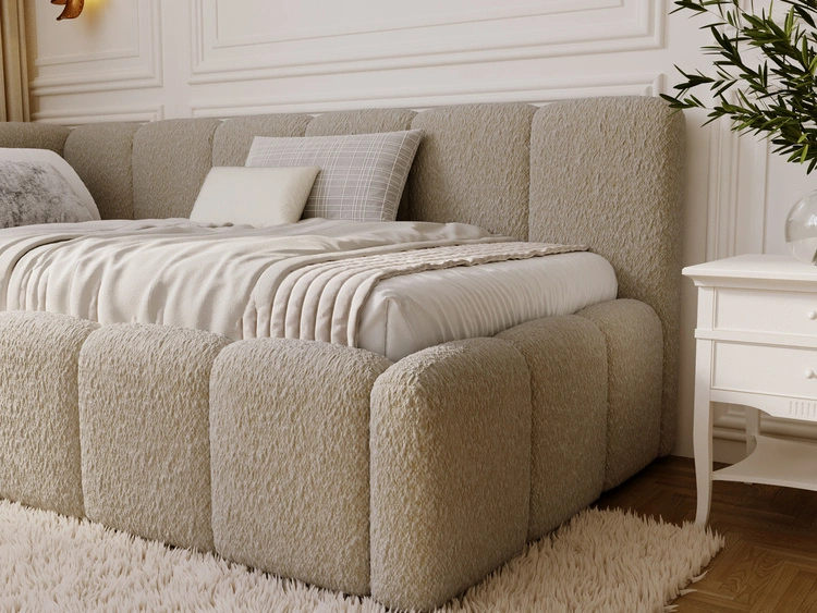 Jugendbett Einzelbett mit Bettkasten und Lattenrost 90x200 Cloud One Dunkelbeige Bouclé-Stoff